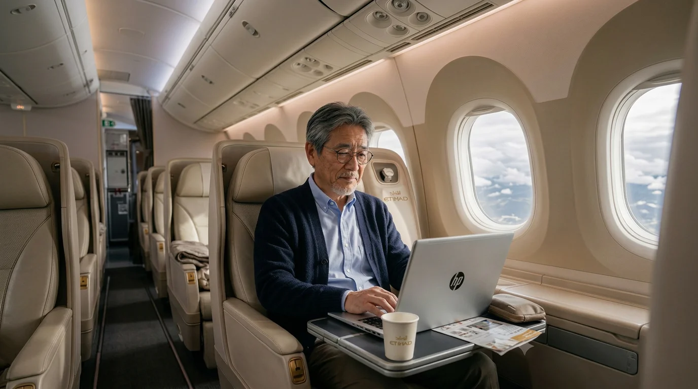 利用シーンの写真4（エティハド航空の機内でノートパソコンを使う男性）