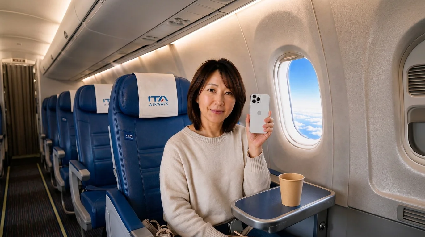利用シーンの写真3（ITAエアウェイズの機内でiPhoneを持つ女性）