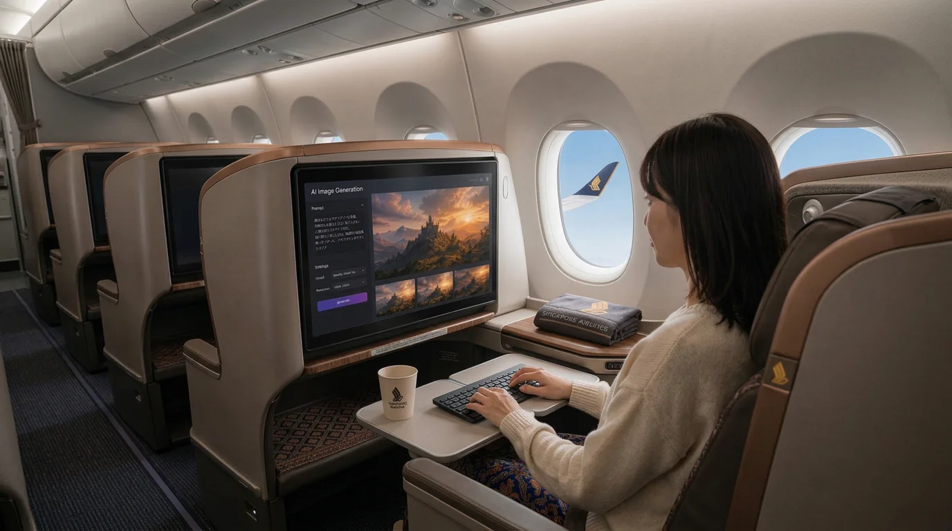 利用シーンの写真8（シンガポール航空の機内でAI画像生成を楽しむ女性）