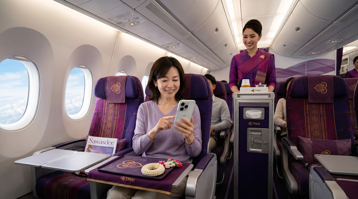 利用シーンの写真1（タイ国際航空の機内でスマートフォンを操作する女性）