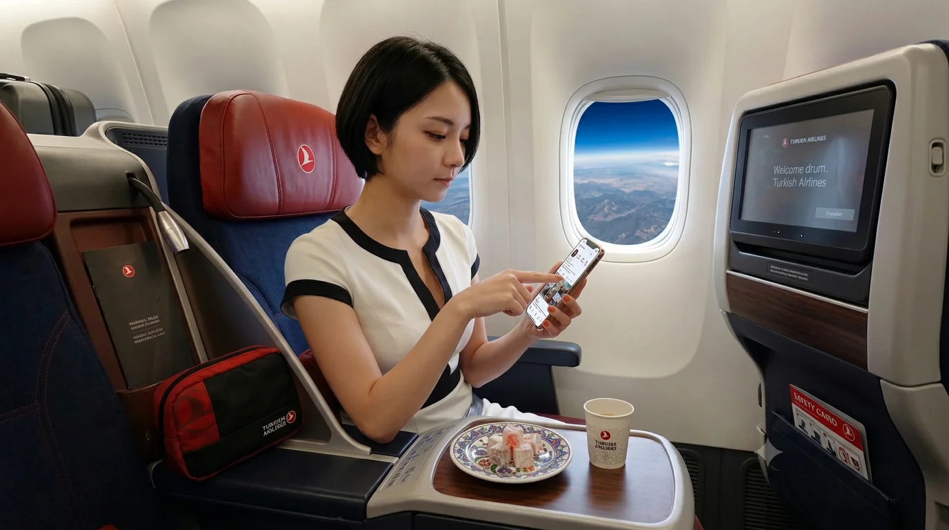 利用シーンの写真5（トルコ航空の機内でスマートフォンを操作する女性）