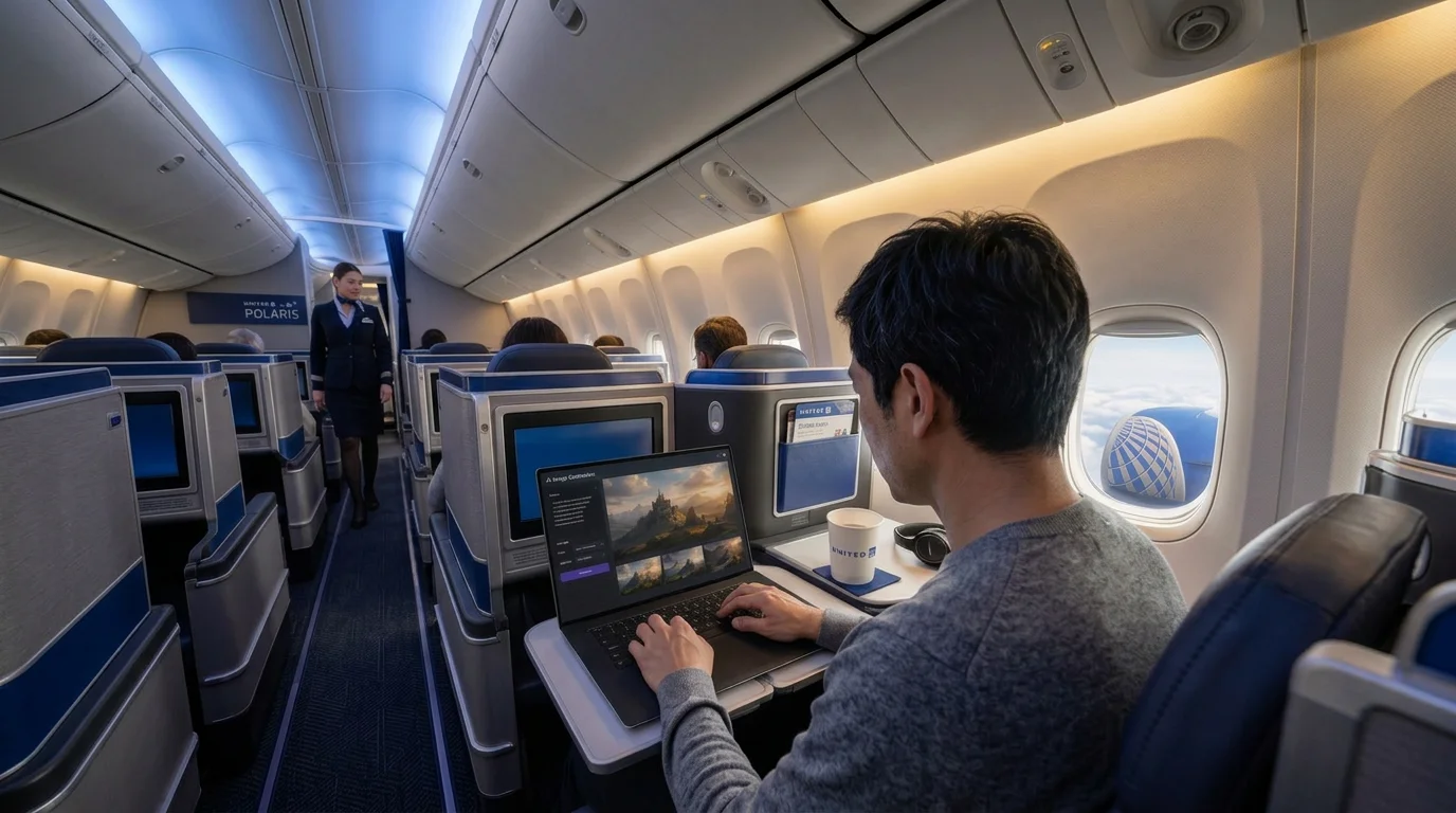 利用シーンの写真2（ユナイテッド航空ポラリスの機内でノートパソコンを使う男性）