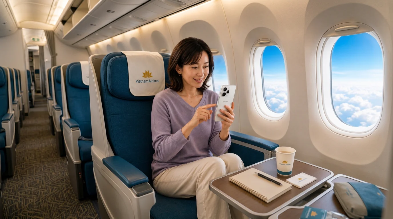利用シーンの写真7（ベトナム航空の機内でスマートフォンを操作する女性）
